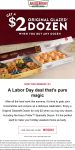 Second dozen doughnuts = $2 at Krispy Kreme via promo code BOGO2 #krispykreme