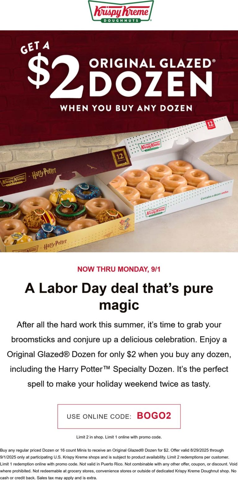 Second dozen doughnuts = $2 at Krispy Kreme via promo code BOGO2
