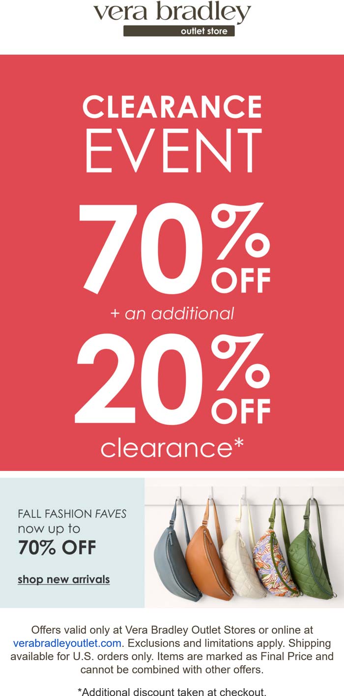 90% off clearance at Vera Bradley Outlet, ditto online