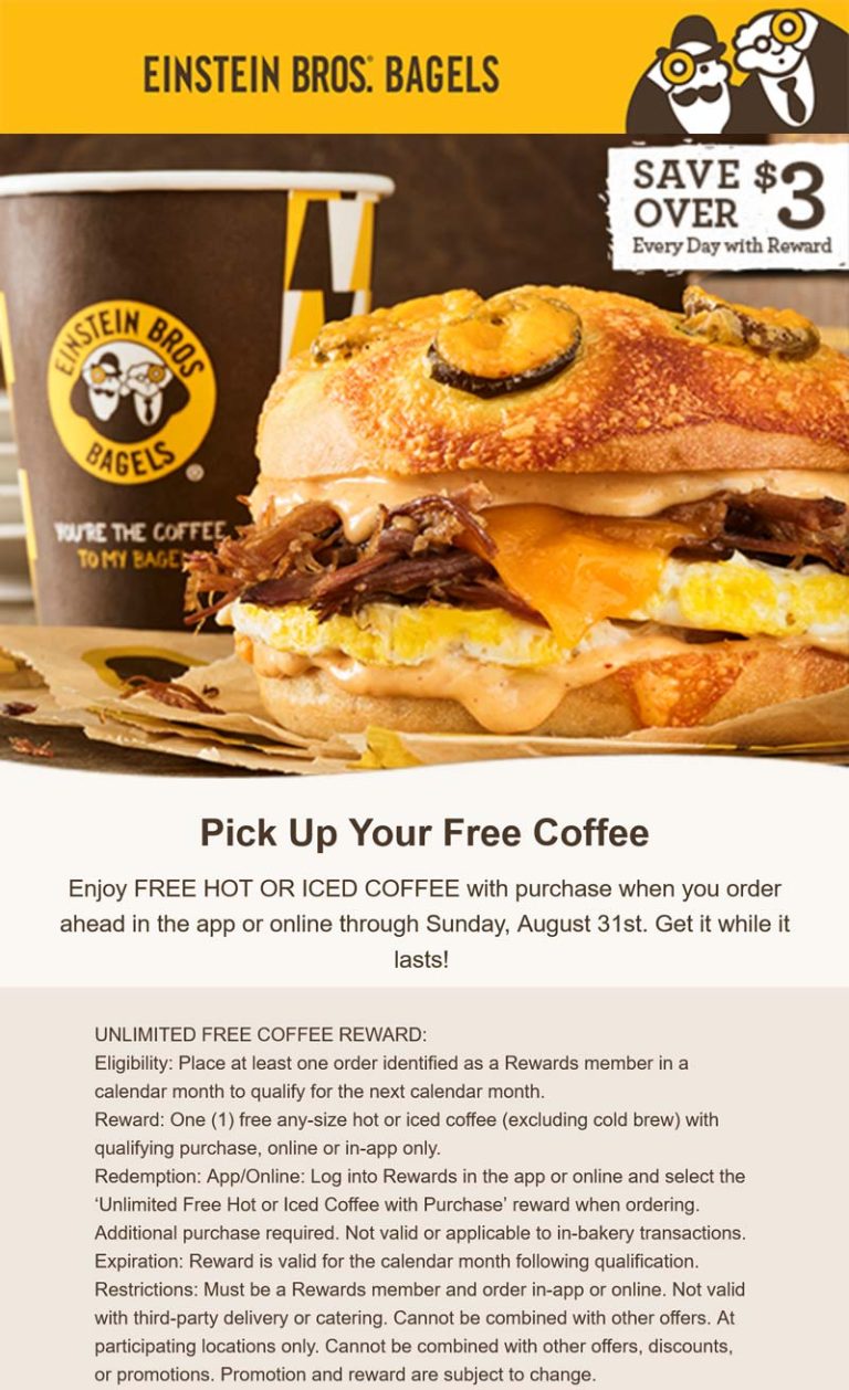 Free coffee with any online order at Einstein Bros Bagels