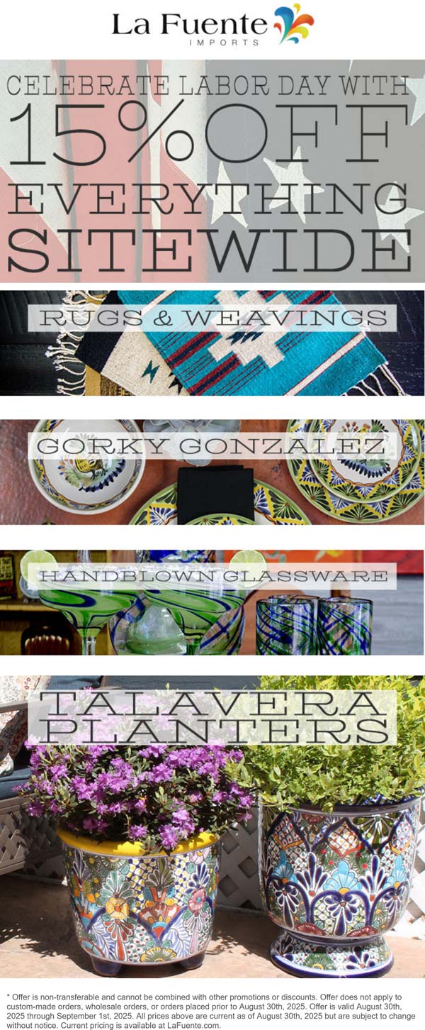 15% off everything at La Fuente Imports home decor