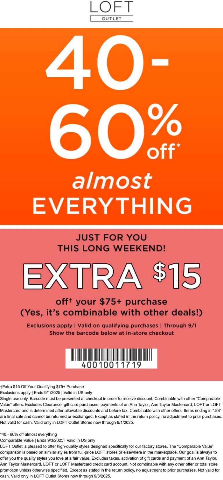 40-60% off + another $15 off $75+ at LOFT Outlet