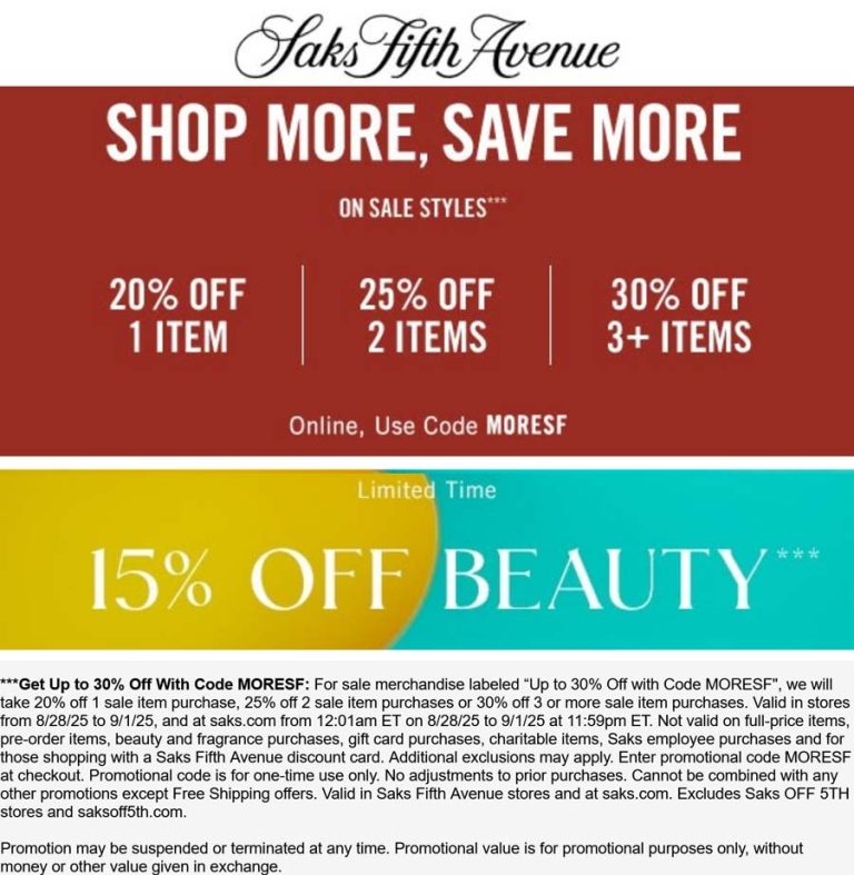 Extra 20-30% off sale items at Saks Fifth Avenue via promo code MORESF
