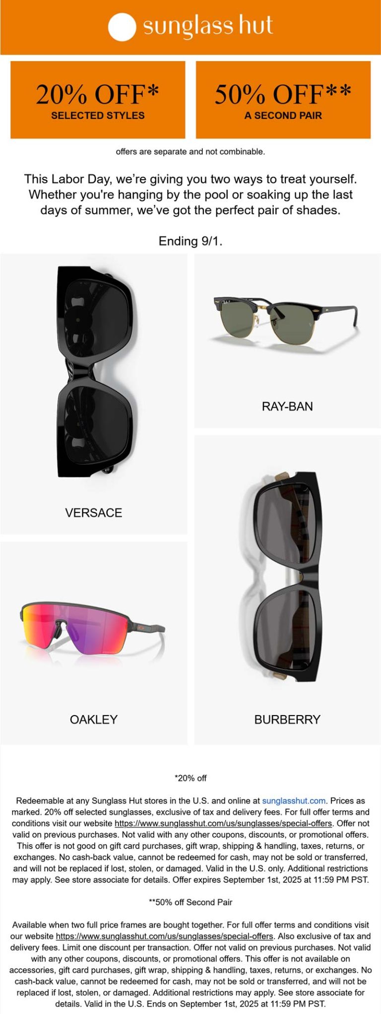 50% off second pair & more at Sunglass Hut, ditto online