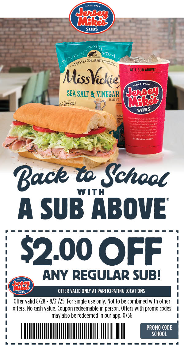 $2 off any sub sandwich today at Jersey Mikes