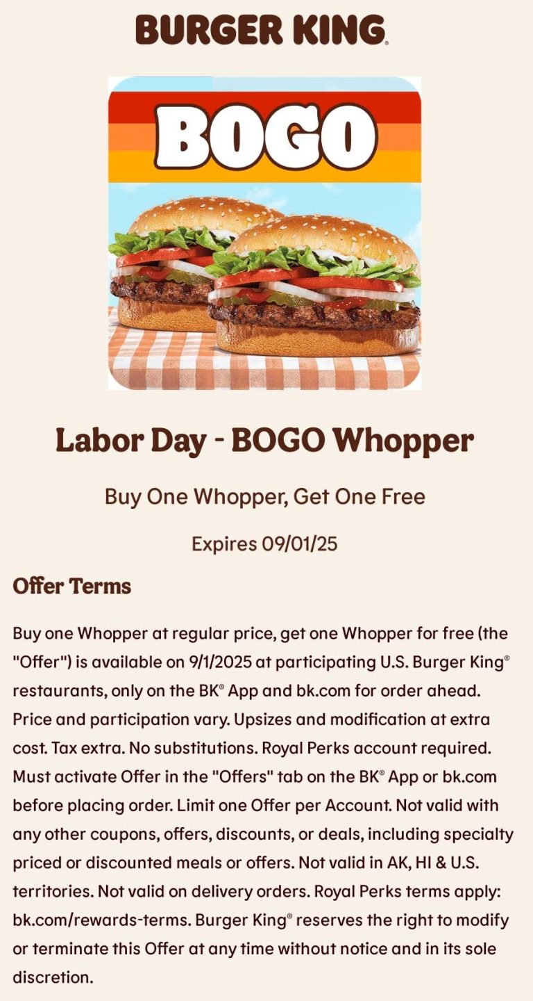 Second whopper free today via mobile at Burger King restaurants