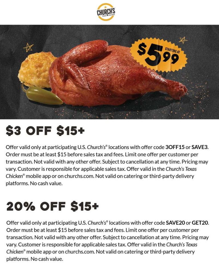 $3 off $15 & more at Churchs Chicken via promo code 3OFF15