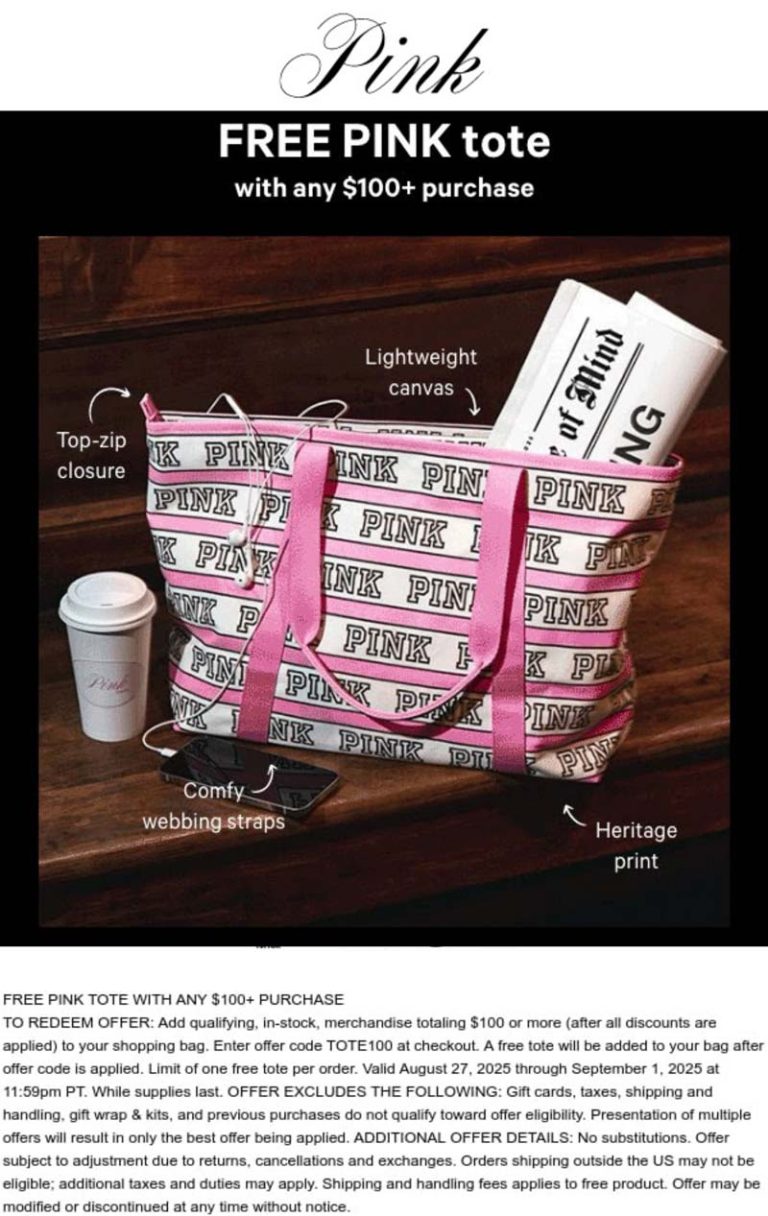 Free tote on $100 today at PINK&nbsp;via promo code TOTE100