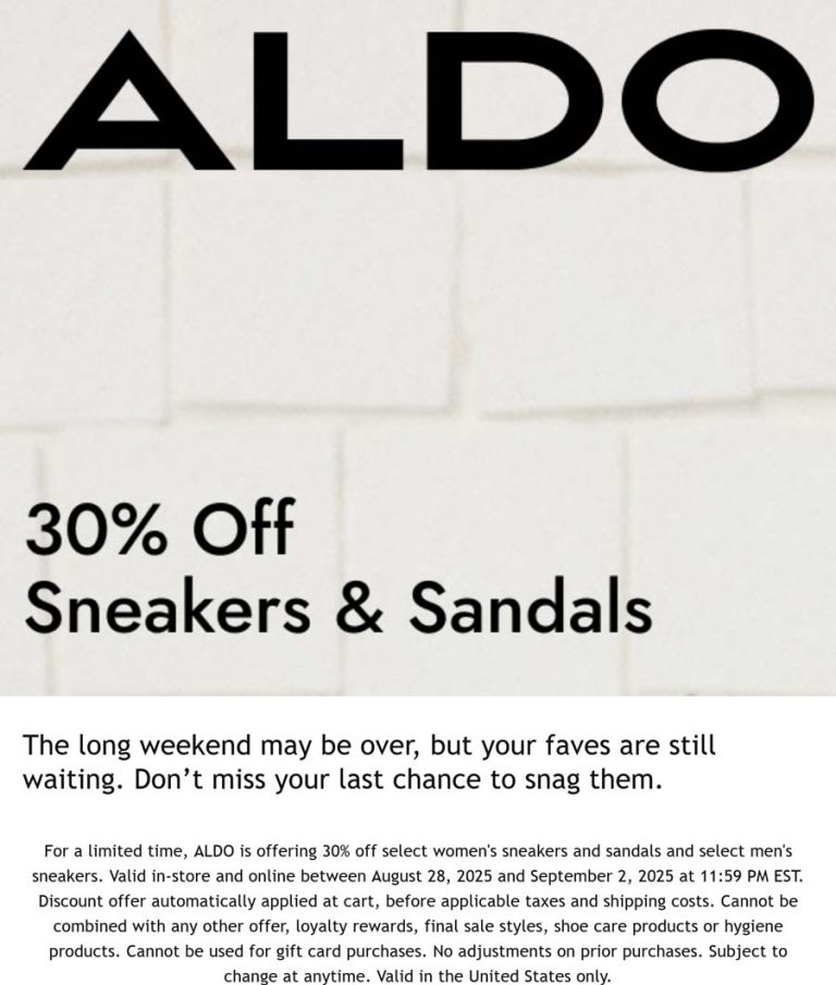 30% off sneakers & sandals today at ALDO