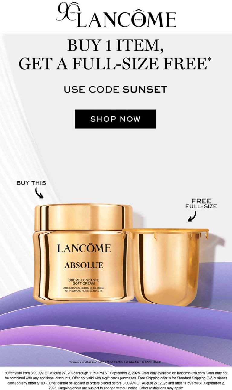 Free full size with your item today at Lancome via promo code SUNSET