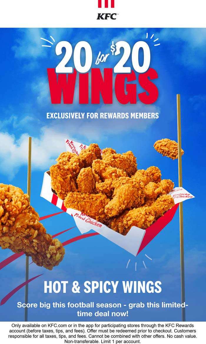 20 chicken wings = $20 via login at KFC
