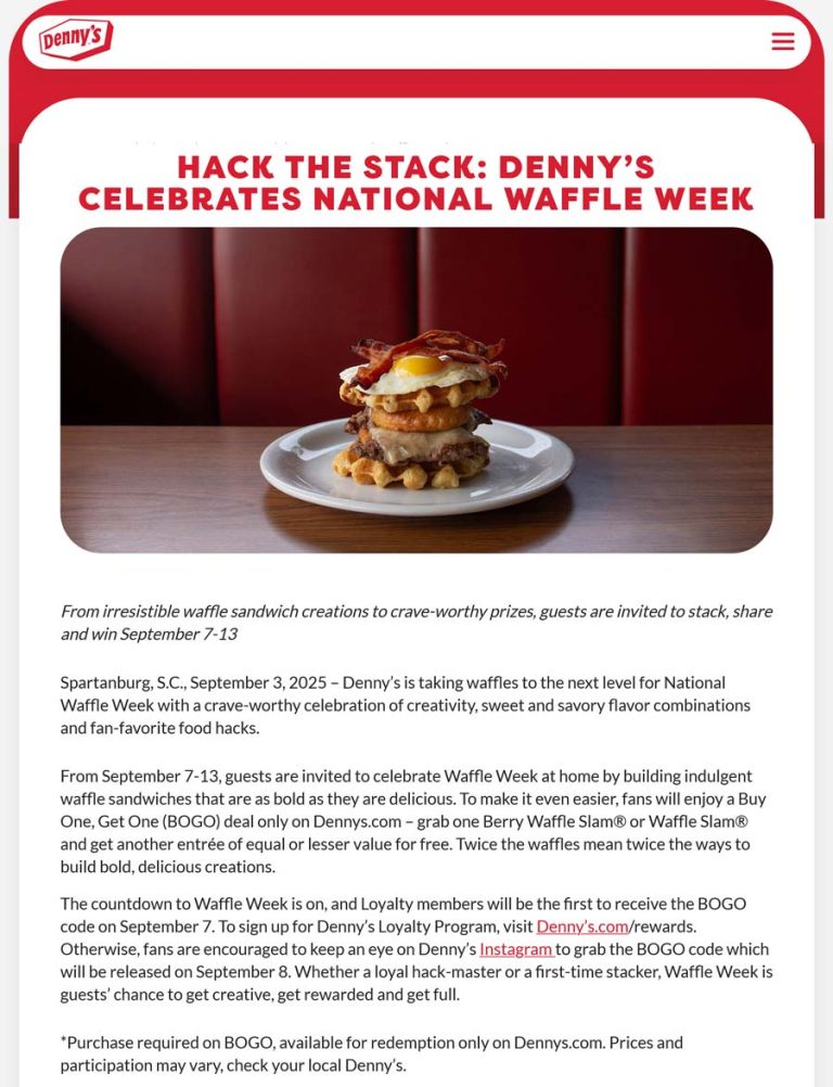 Second waffle breakfast sandwich free via login at Dennys