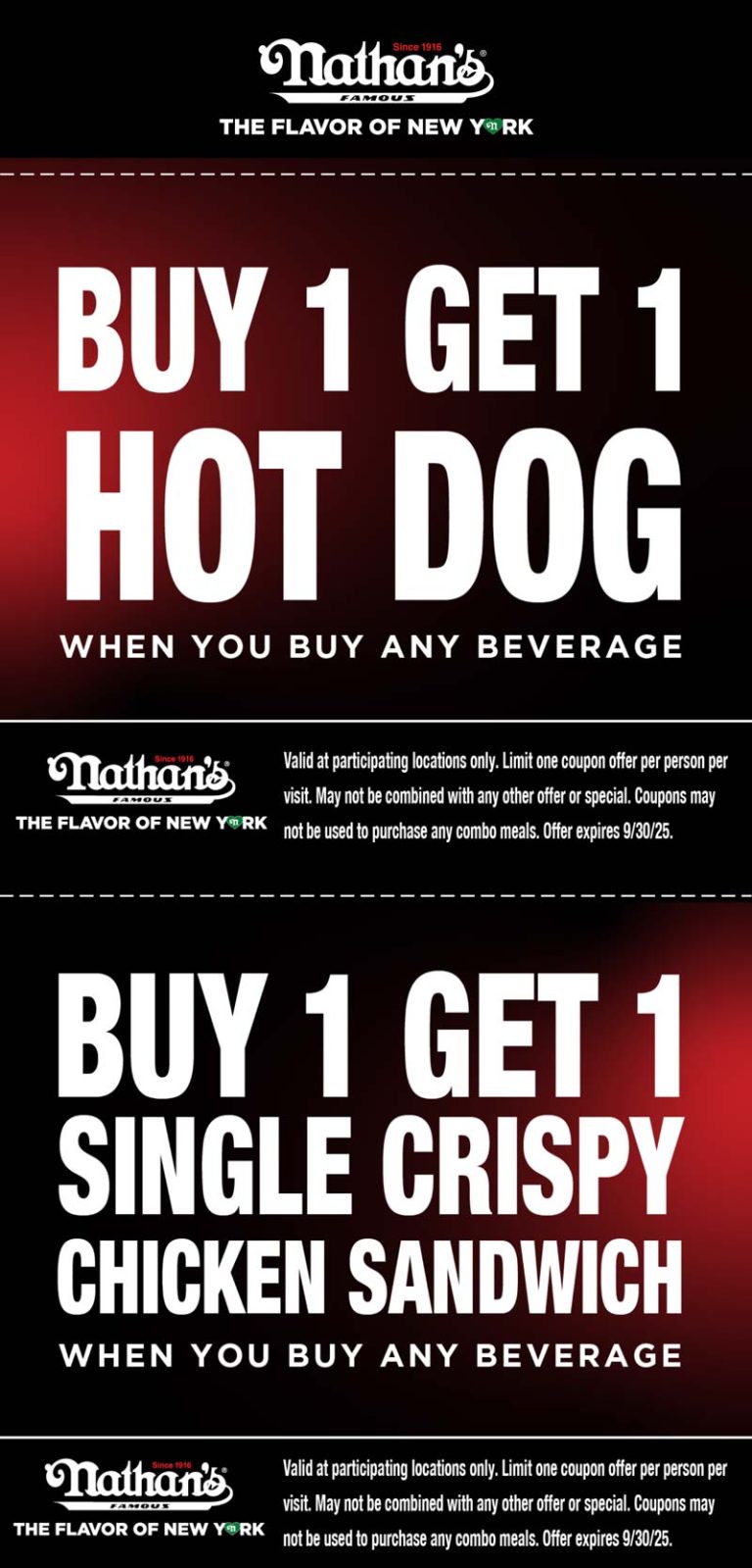 Second hot dog free & more at Nathans Famous
