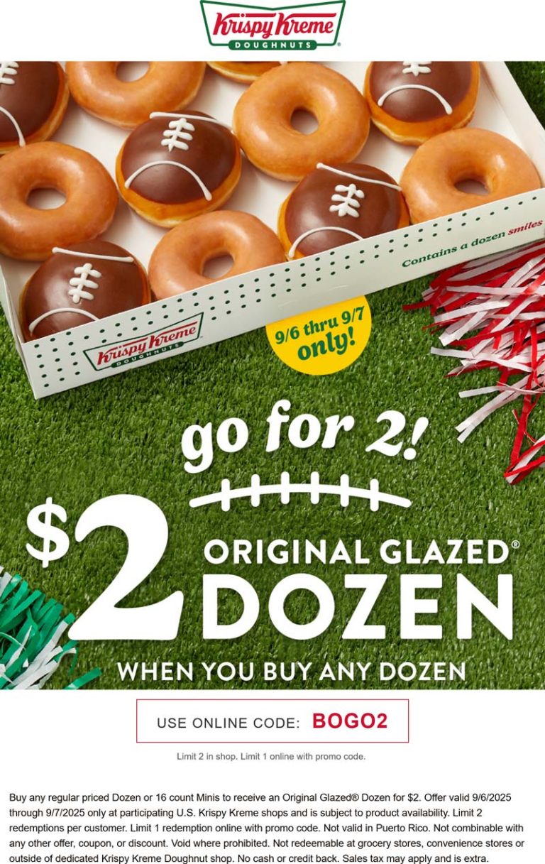 Second dozen doughnuts for $2 at Krispy Kreme via promo code BOGO2