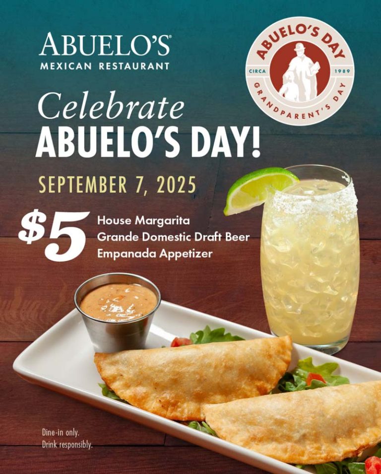 Margarita, draft or empanada appetizer = $5 today at Abuelos Mexican restaurant