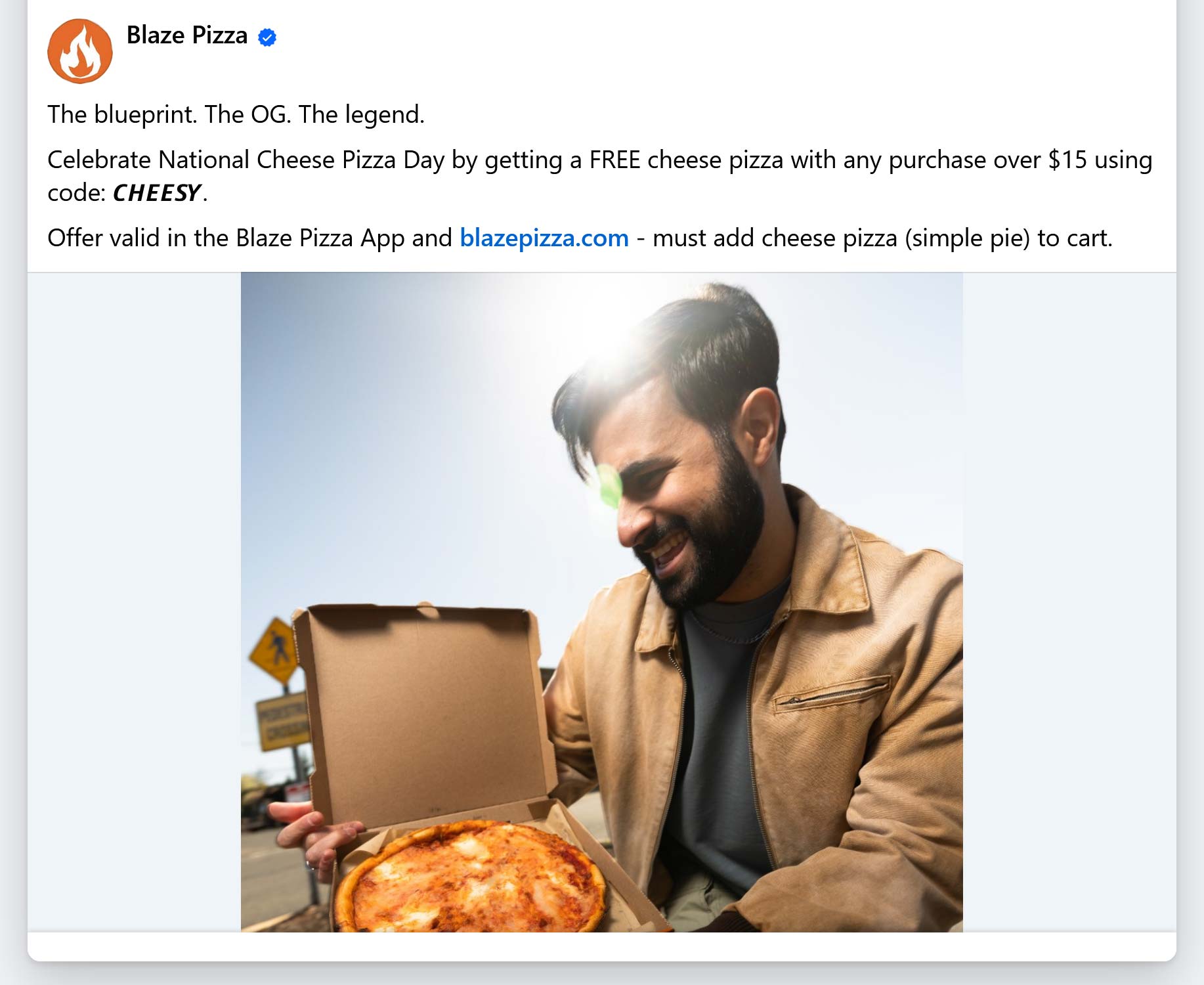 Free cheese pizza on $15 today at Blaze Pizza via promo code CHEESY # ...