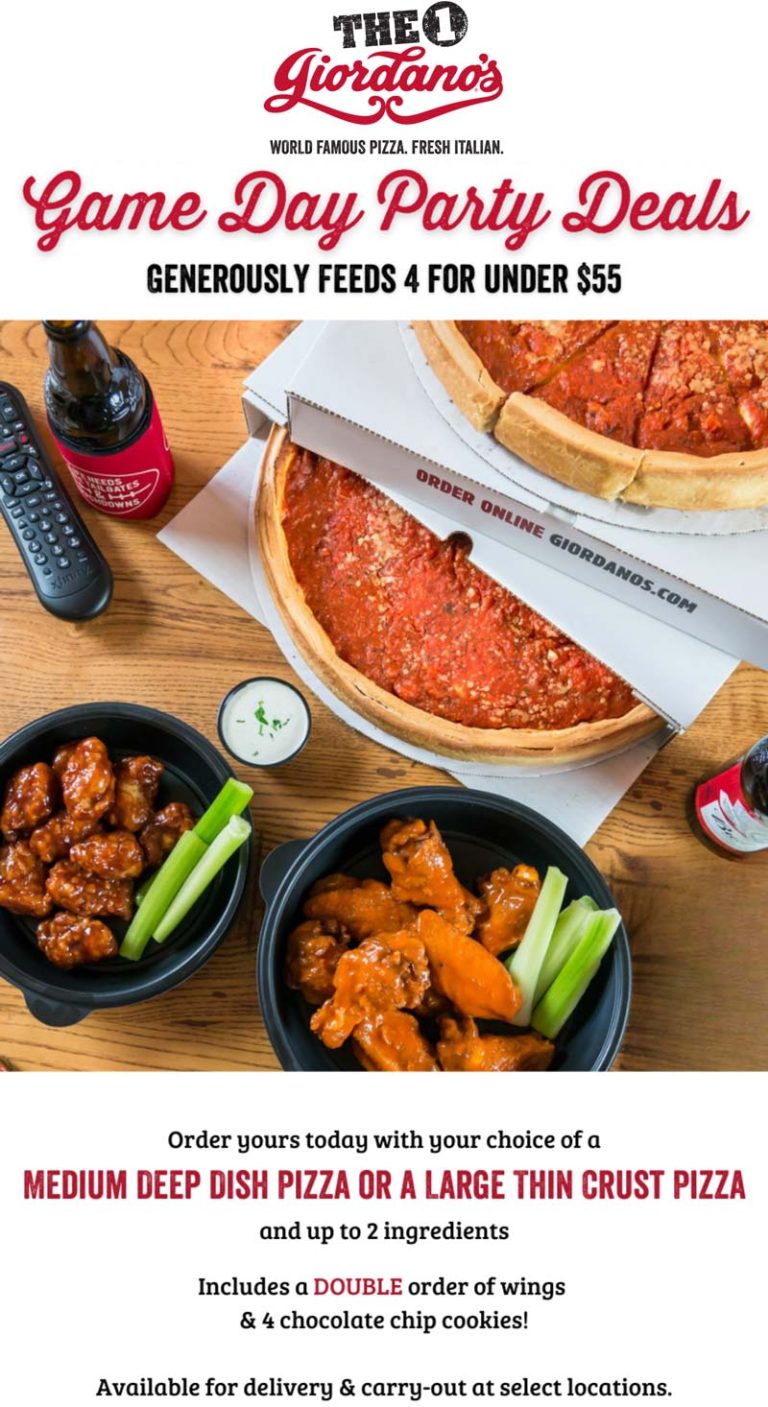 2 topping deep dish pizza + double order wings + cookies = $55 today at Giordanos