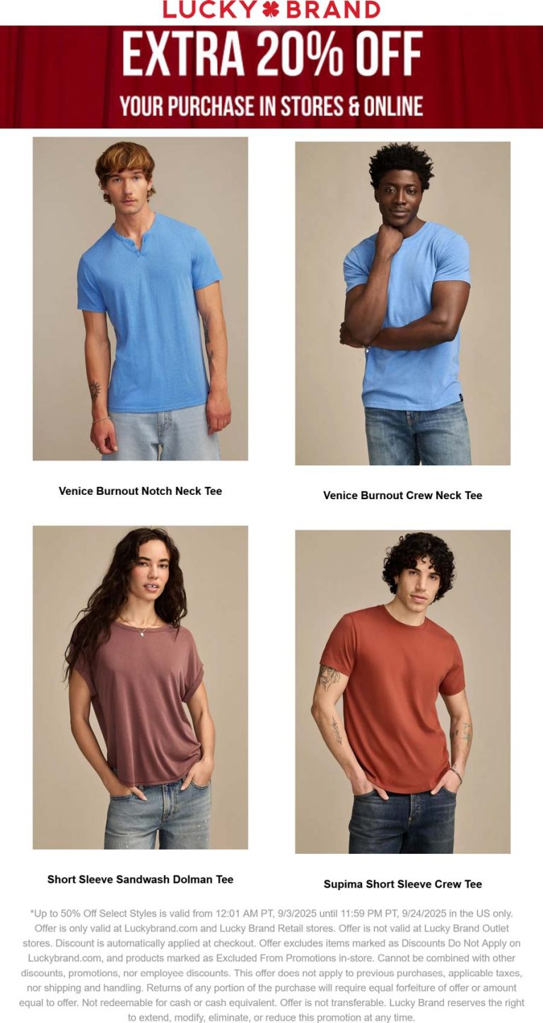 Extra 20% off today at Lucky Brand, ditto online