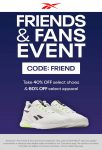 40-60% off at Reebok via promo code FRIEND #reebok