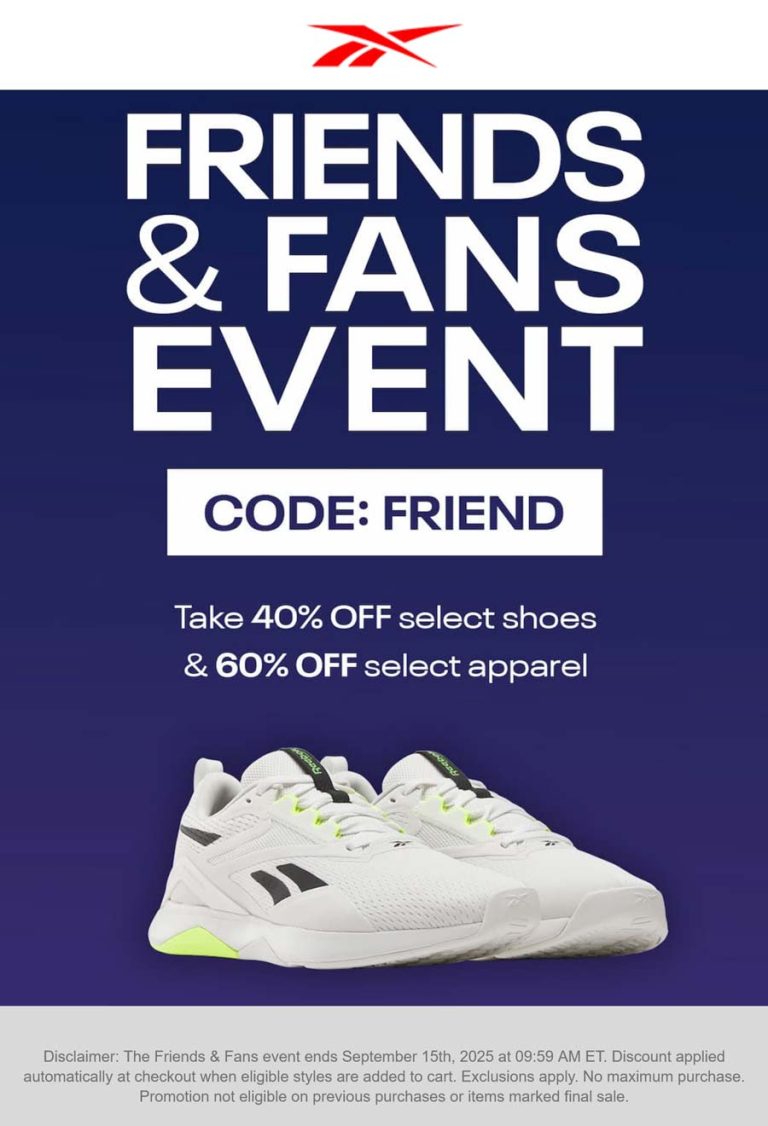 40-60% off at Reebok via promo code FRIEND
