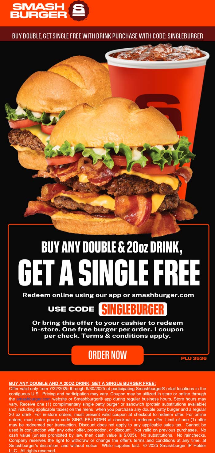Free cheeseburger with your double at Smashburger via promo code SINGLEBURGER