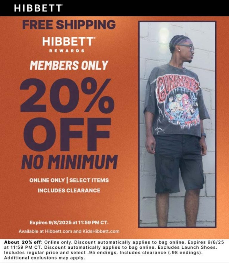 20% off online today at Hibbett sports
