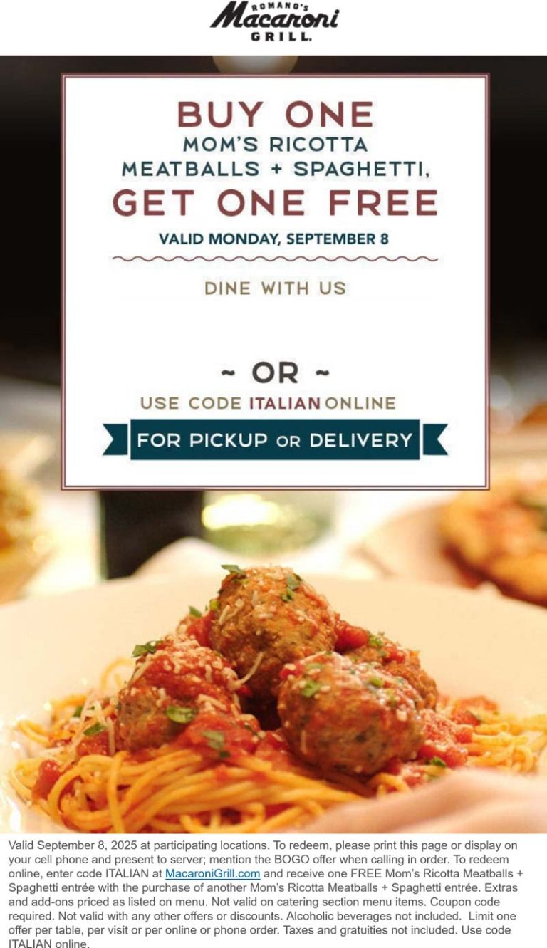 Second spaghetti & meatballs free today at Macaroni Grill restaurants