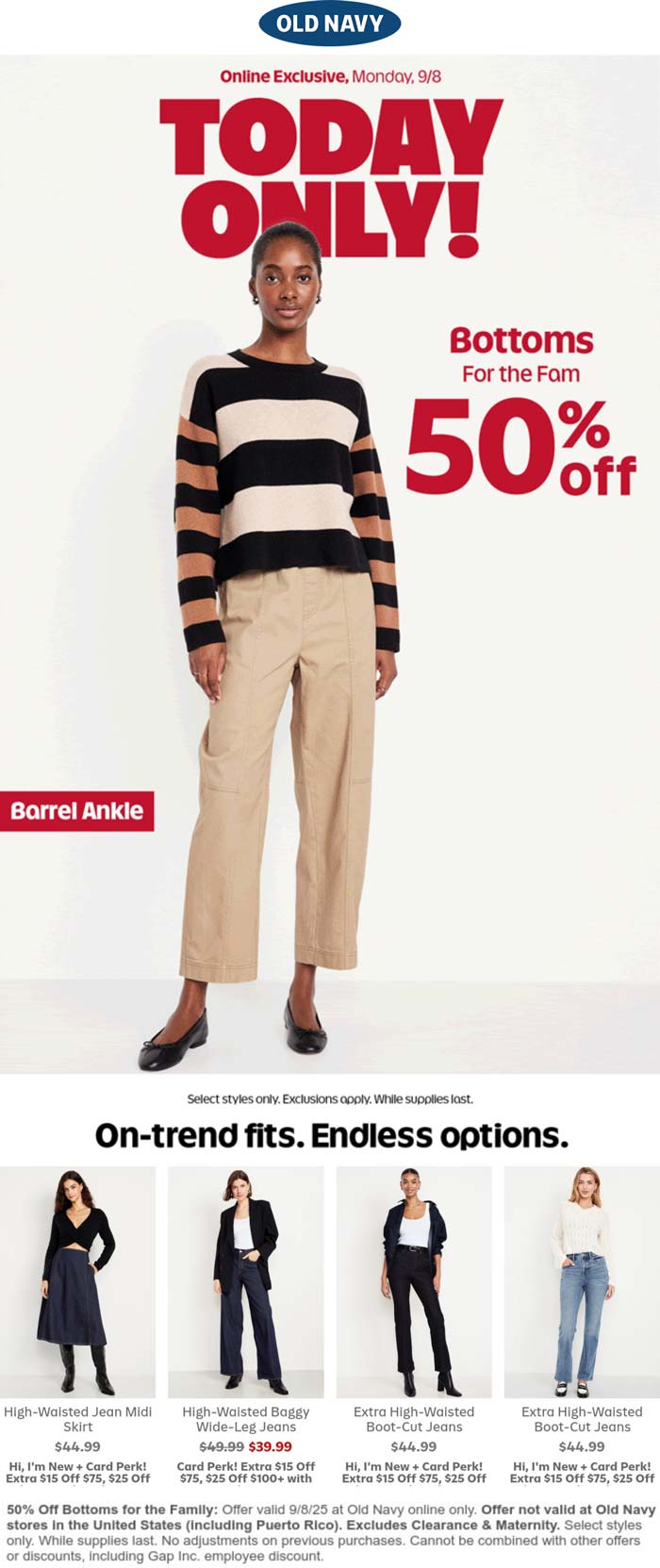 50% off bottoms online today at Old Navy