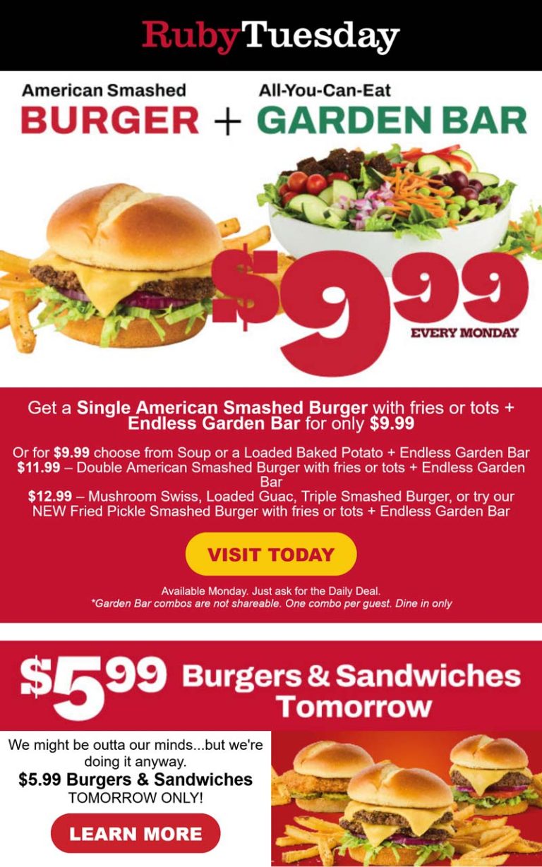 Cheeseburger meal + garden salad bar = $10 today at Ruby Tuesday