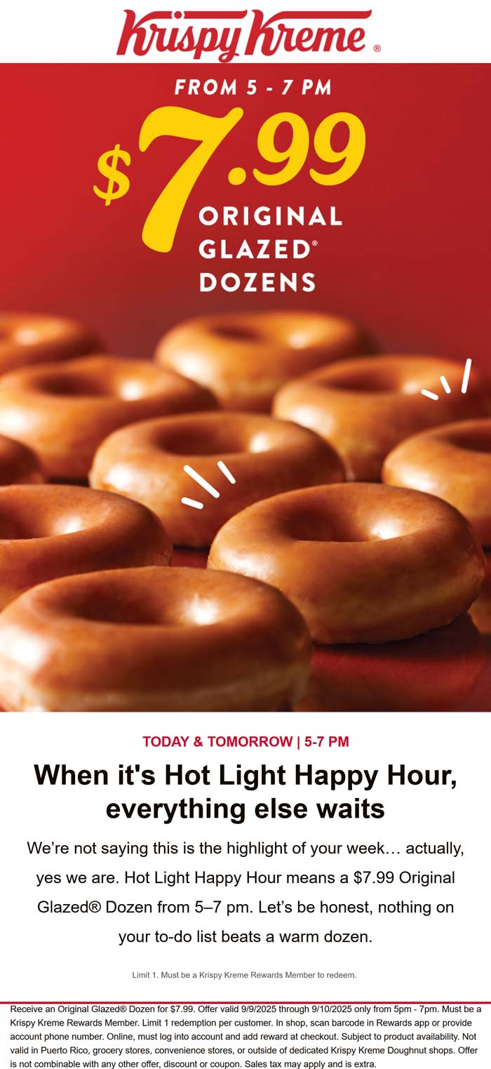 $8 dozen doughnuts 5-7p at Krispy Kreme
