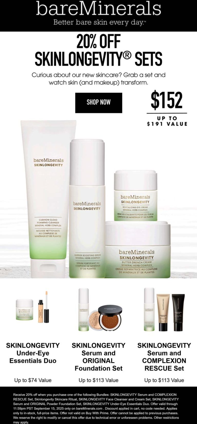 20% off skinlongevity sets online at bareMinerals