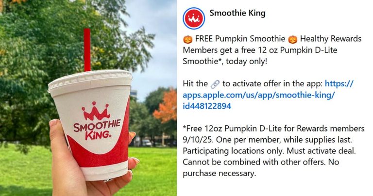 Free pumpkin smoothie today at Smoothie King, no purchase necessary