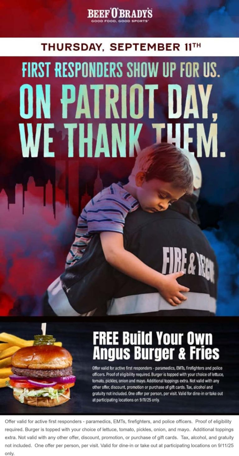 First responders enjoy a free cheeseburger meal today at Beef OBradys