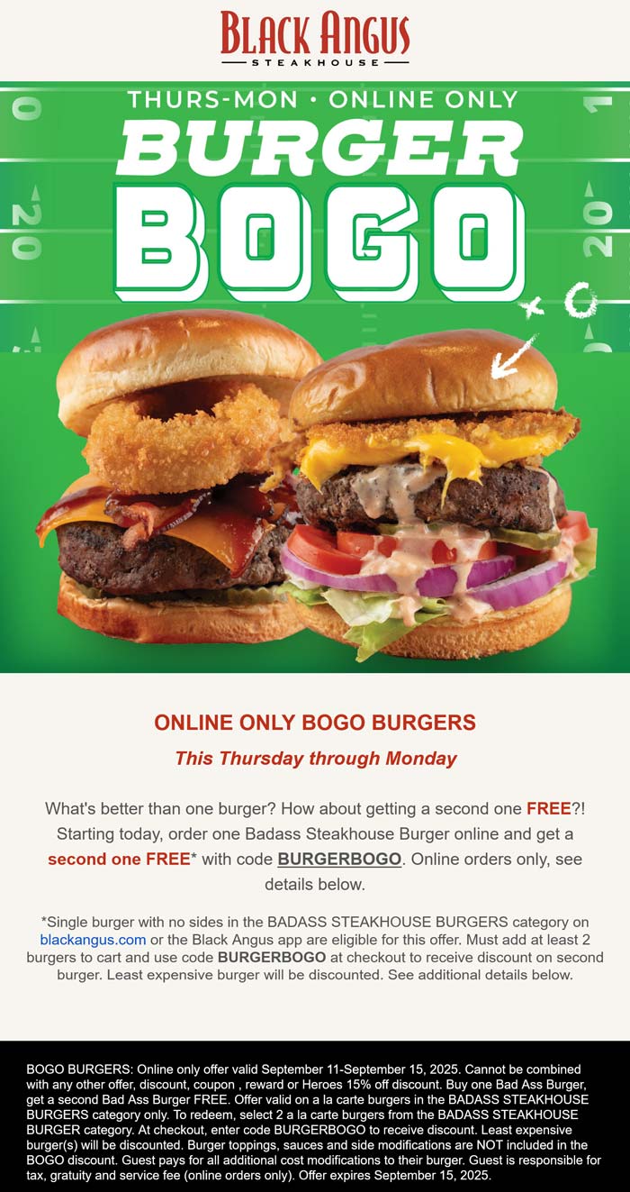 Second cheeseburger free at Black Angus steakhouse via promo code BURGERBOGO
