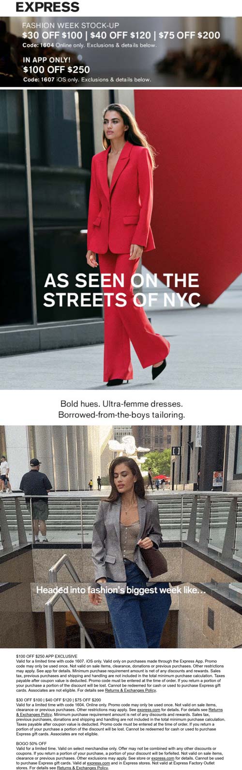 $30-$75 off $100+ at Express via promo code 1604