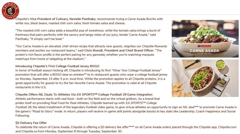 Second entree free in college football jersey Monday after 5p at Chipotle