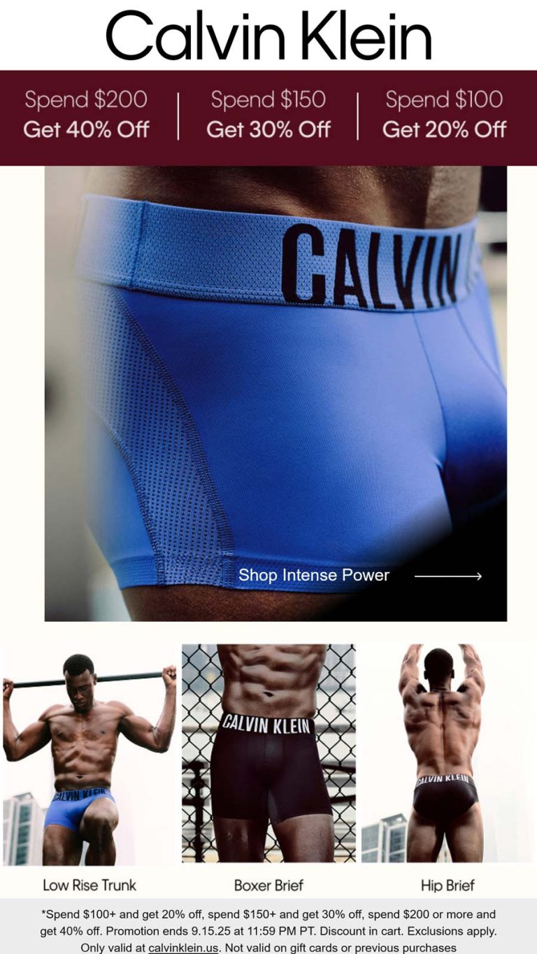 20-40% off $100+ online at Calvin Klein