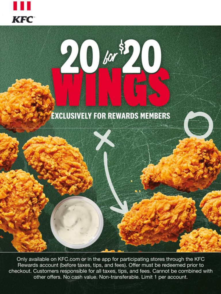 20 chicken wings for $20 via login at KFC