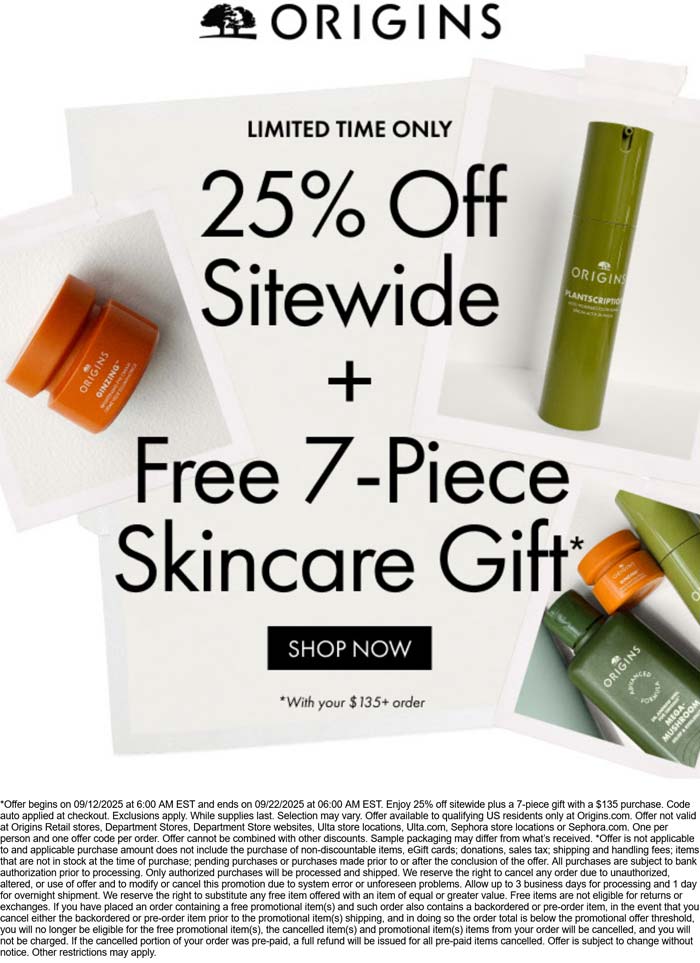 25% off + free 7pc set on $135 online at Origins