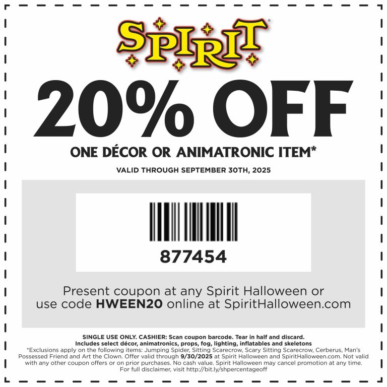 20% off a single decor item at Spirit Halloween, or online via promo code HWEEN20