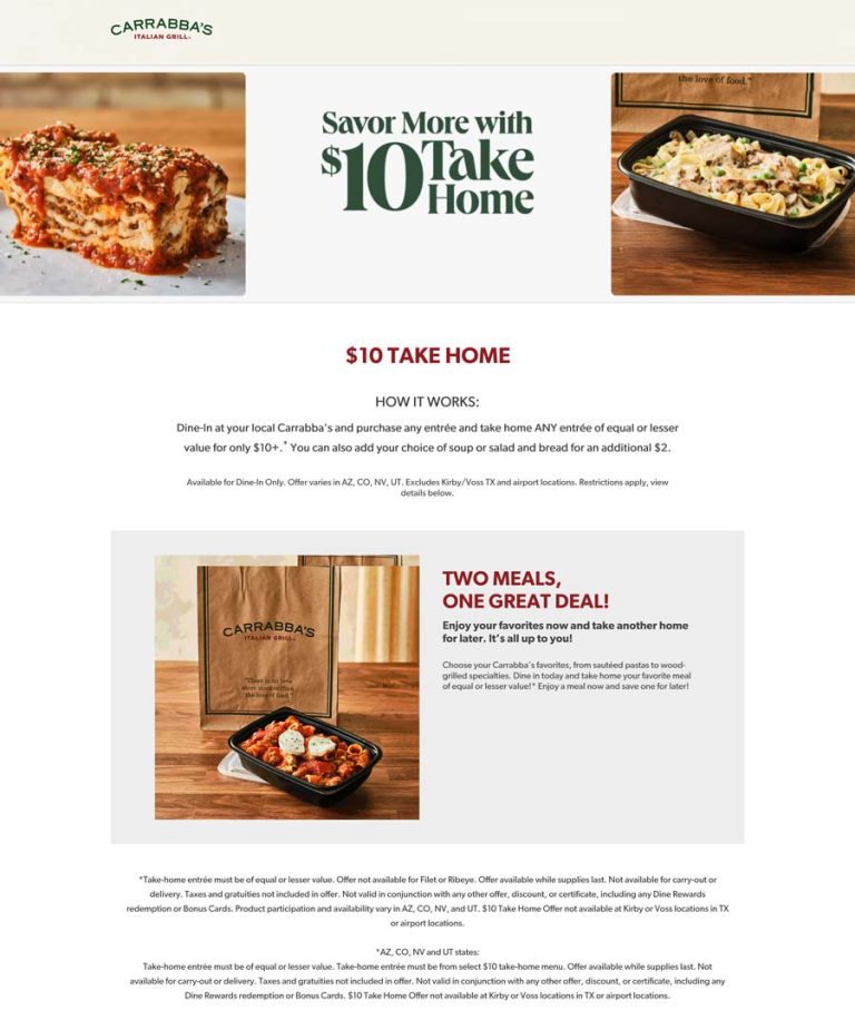 Take home entree for $10 at Carrabbas Italian Grill
