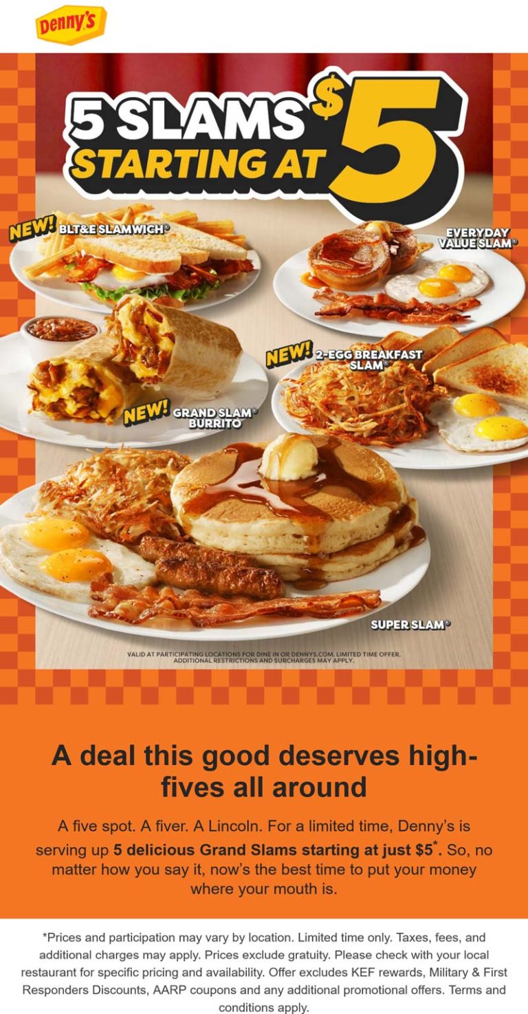 $5 breakfast & lunch slams at Dennys