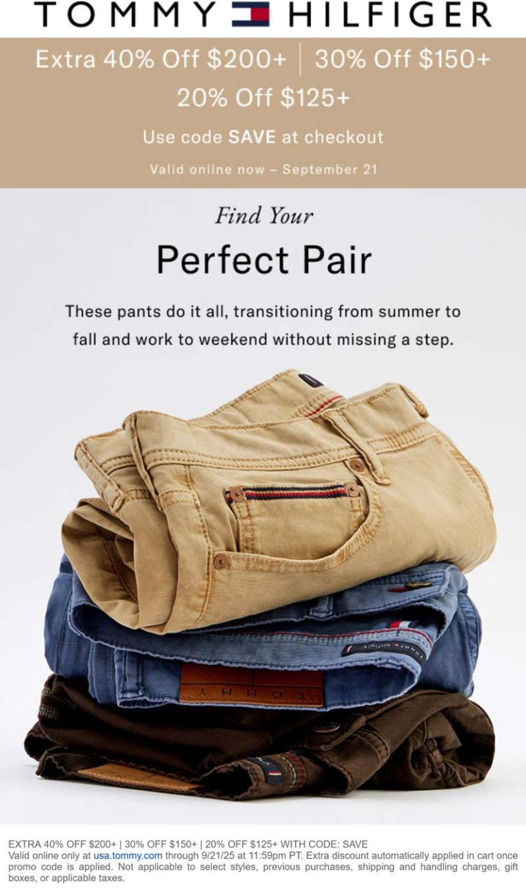 Extra 20-40% off $125+ at Tommy Hilfiger via promo code SAVE