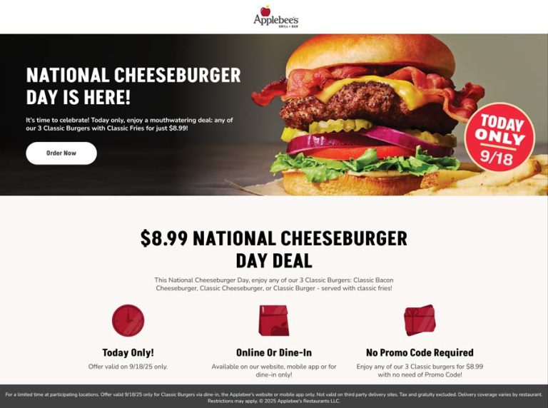 $9 cheeseburger & fries today at Applebees