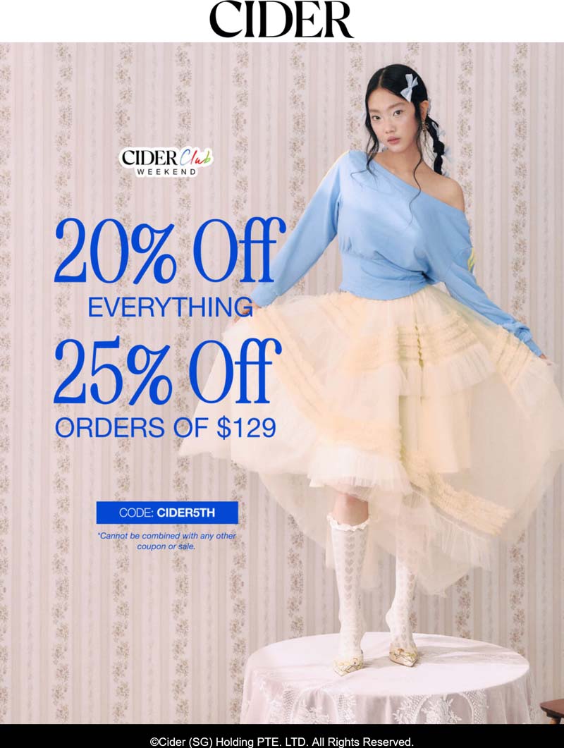 20-25% off everything at Cider via promo code CIDER5TH #cider - The ...