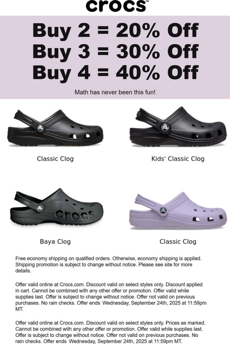 20-40% off 2+ pair of Crocs online