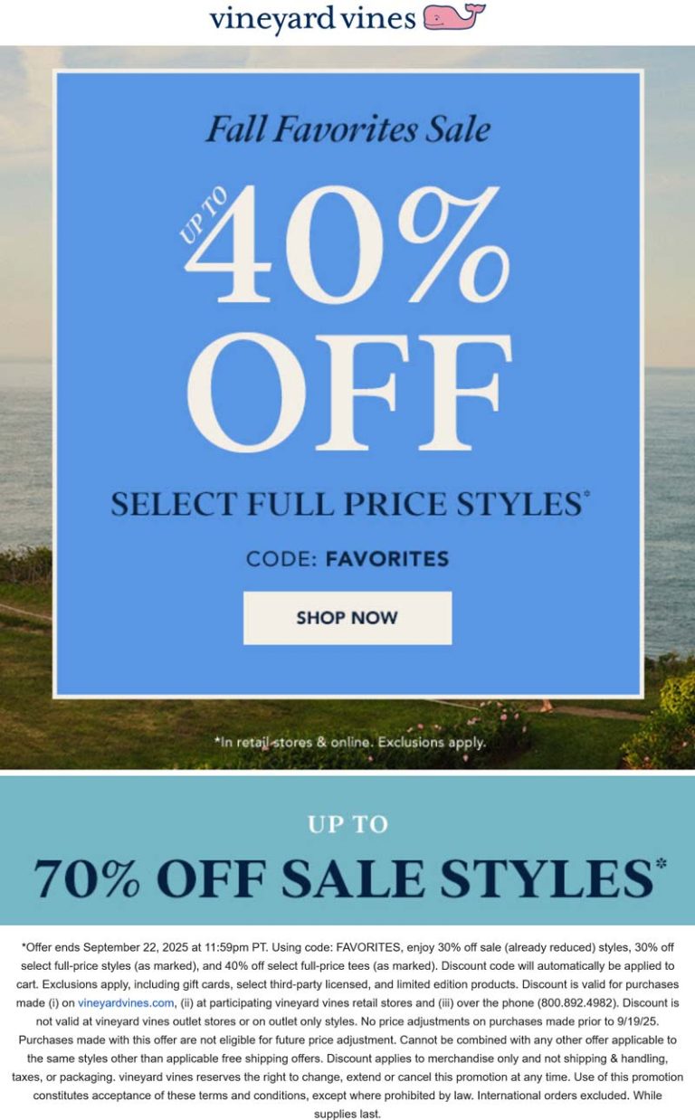 Extra 30% off sale items at Vineyard Vines, or online via promo code FAVORITES