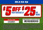 $5 off $25 at Big 5 sporting goods, or online via promo code E250921 #big5