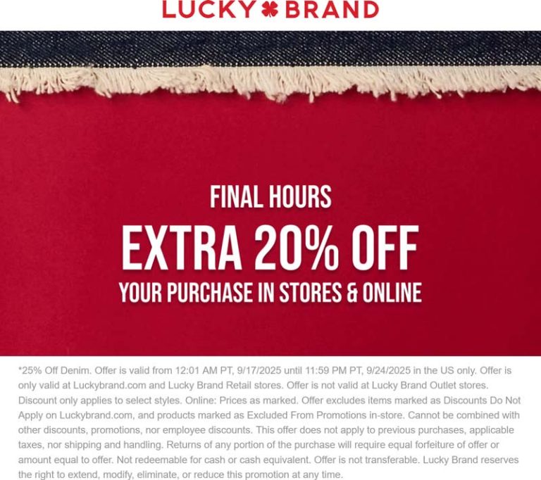Extra 20% off today at Lucky Brand, ditto online