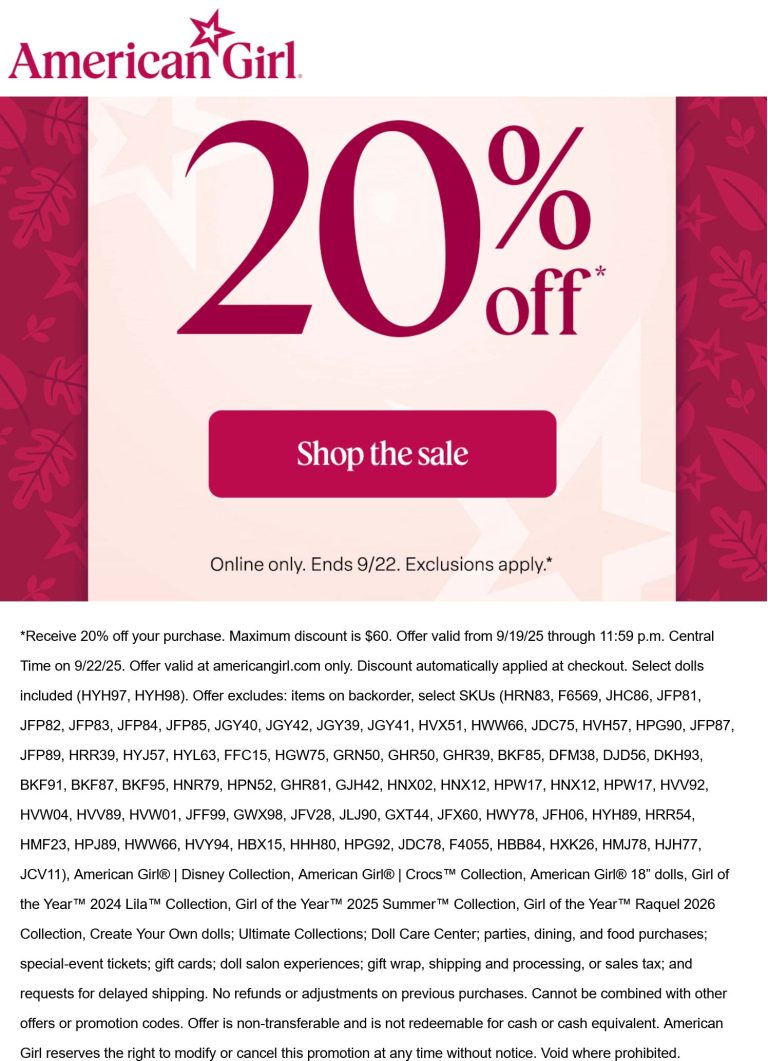 20% off online today at American Girl dolls